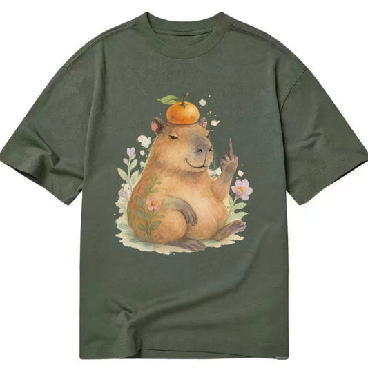 chonky capybara relaxing with orange on head, one webbed middle finger up - Classic T-shirt - Army Green
