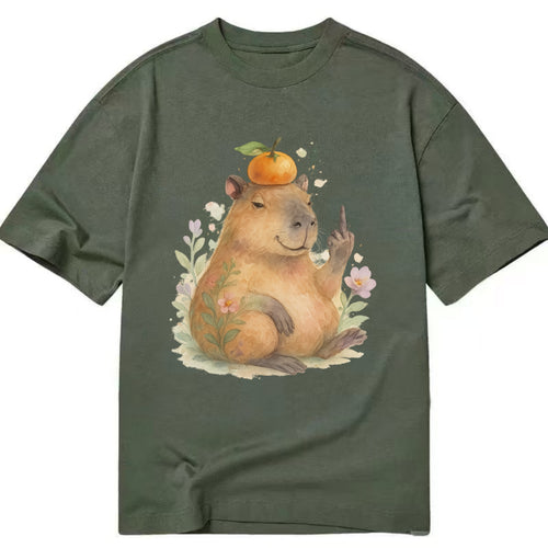 chonky capybara relaxing with orange on head, one webbed middle finger up - Classic T-shirt