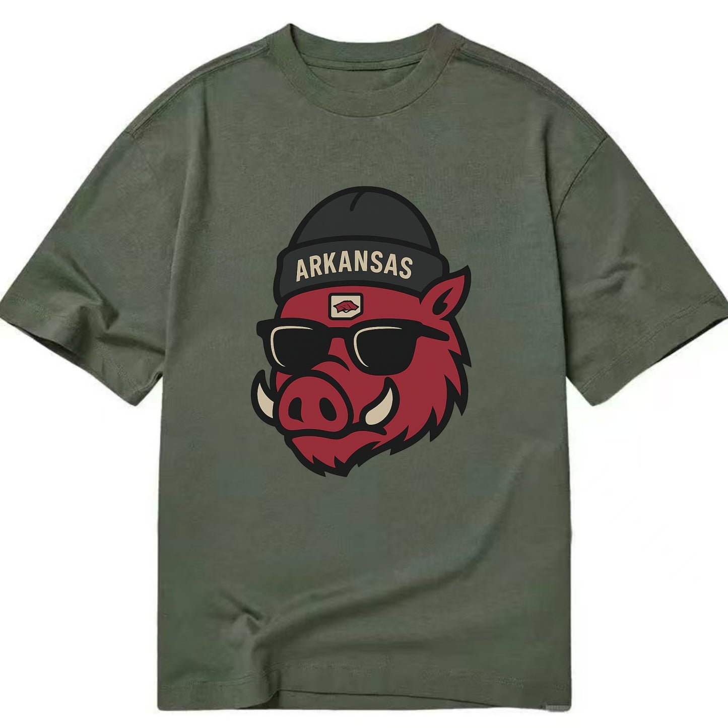 Fayetteville Razorback wearing Arkansas beanie with hog patch - Classic T-shirt - Army Green