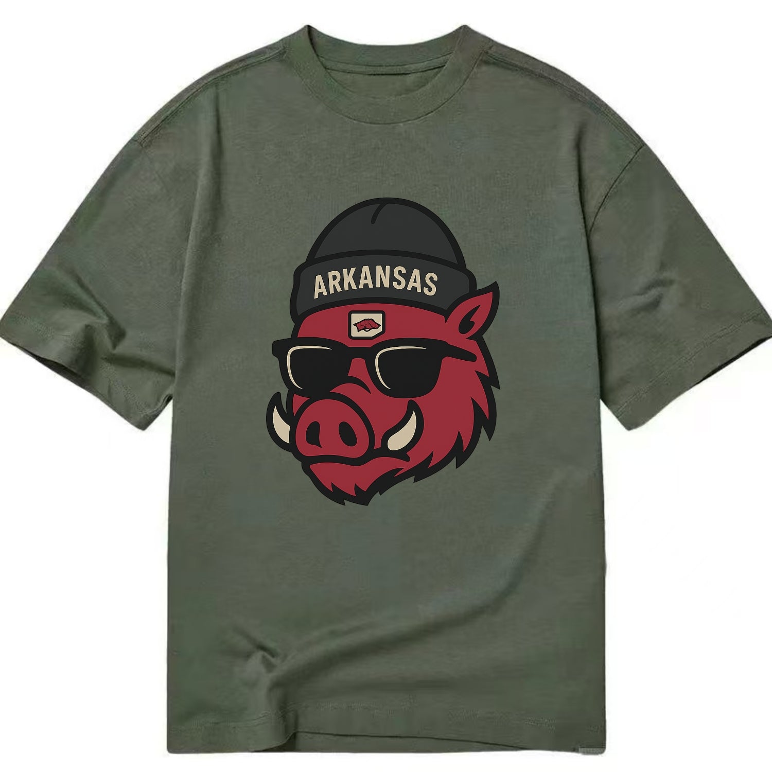 Fayetteville Razorback wearing Arkansas beanie with hog patch - Classic T-shirt - Army Green