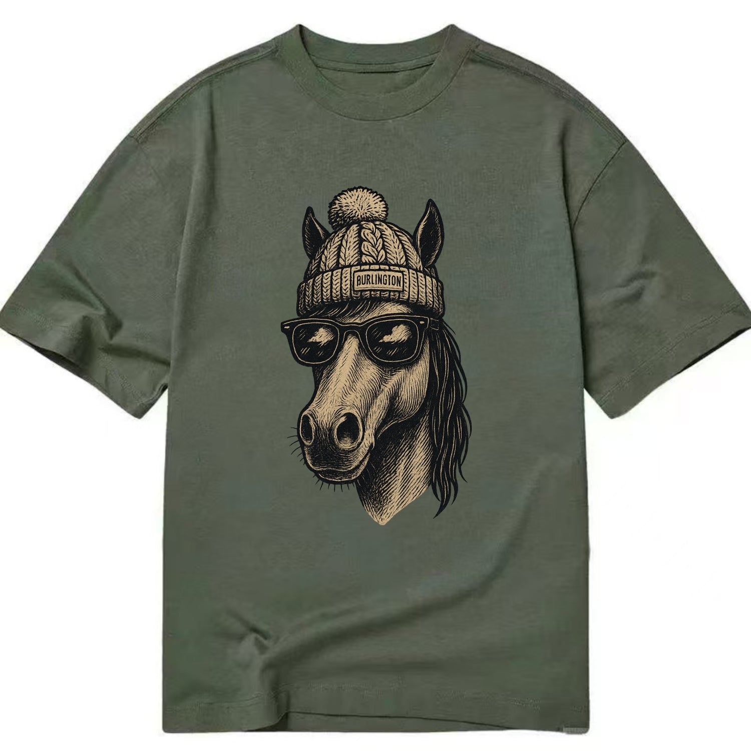 Vermont Morgan Horse wearing Burlington beanie with pom pom and wayfarer - Classic T-shirt - Army Green