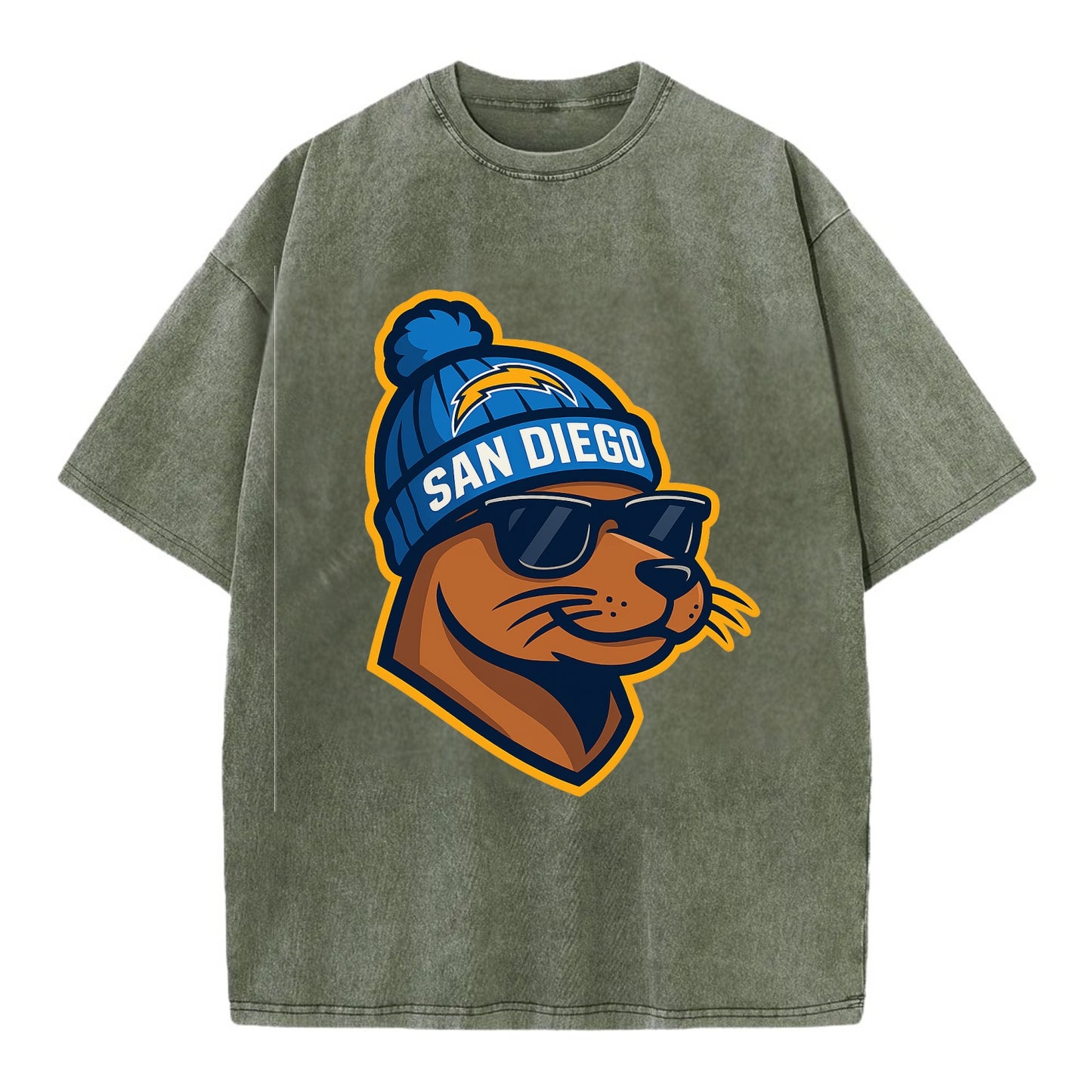 San Diego Sea Lion wearing Chargers beanie with bolt patch and wayfarer sunglasses - Vintage T-shirt - Army Green