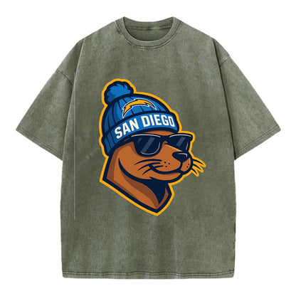 San Diego Sea Lion wearing Chargers beanie with bolt patch and wayfarer sunglasses - Vintage T-shirt - Army Green