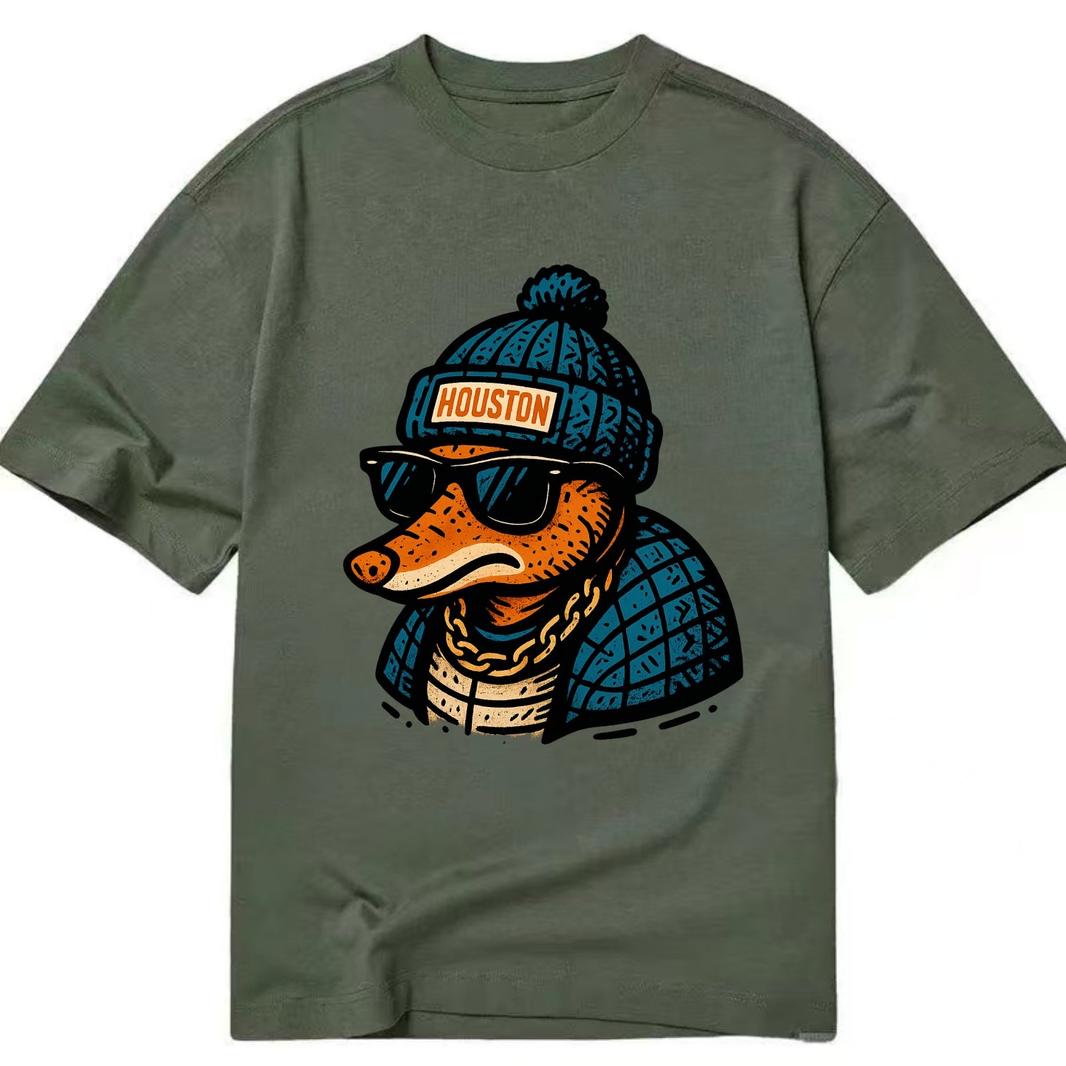 Houston Armadillo wearing Houston beanie with pom pom and wayfarer sunglasses - Classic T-shirt - Army Green