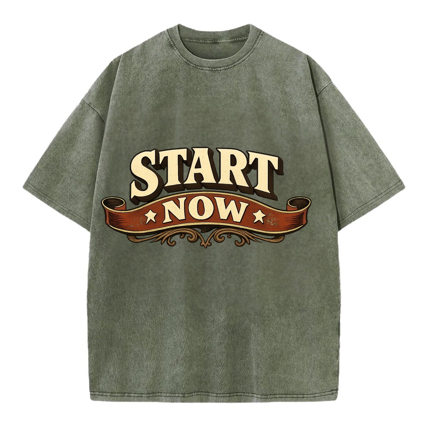 Bold typography design - "START NOW" - begin immediately, no delay - Vintage T-shirt - Army Green