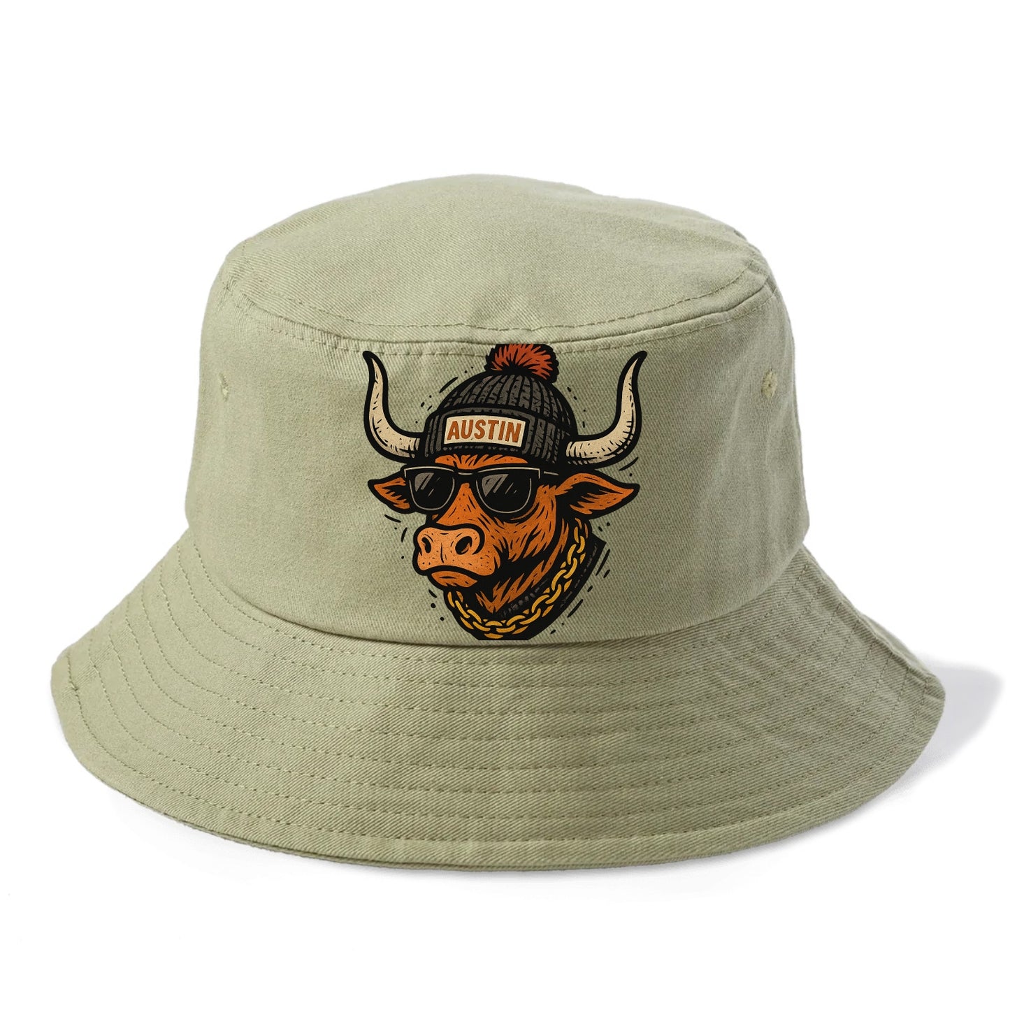 Texas Longhorn wearing Austin beanie with pom pom and wayfarer sunglasses - Bucket Hat - Army Green