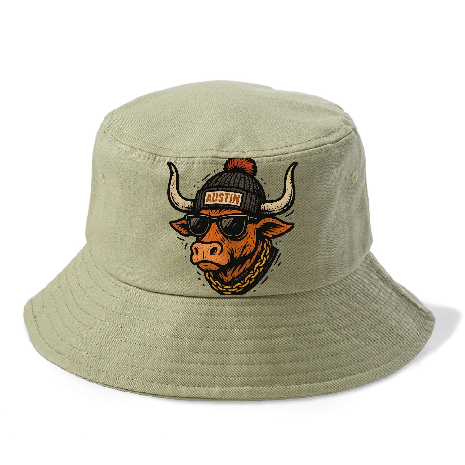 Texas Longhorn wearing Austin beanie with pom pom and wayfarer sunglasses - Bucket Hat - Army Green