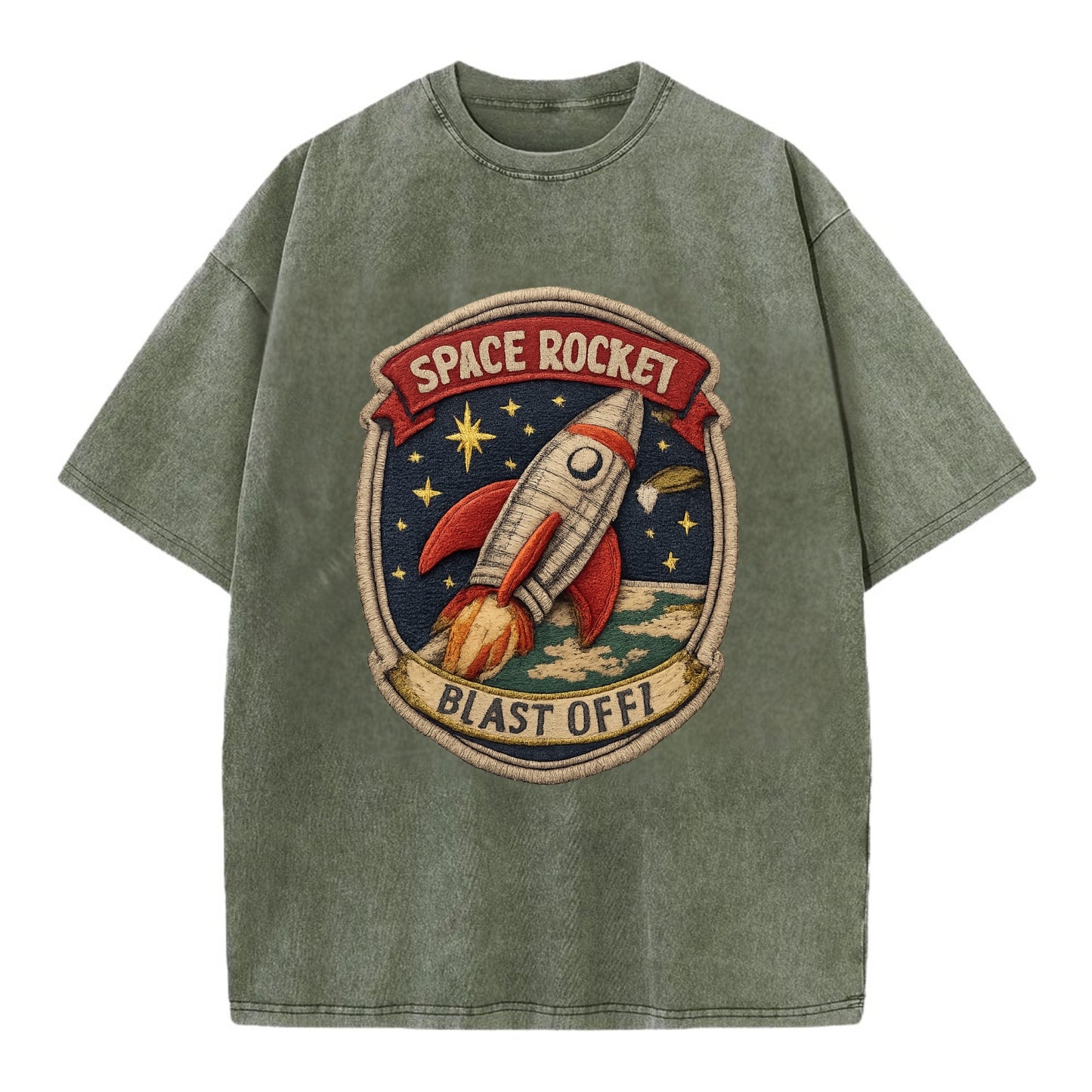RETRO ROCKET - 1950s space rocket in silver and red , atomic age - Vintage T-shirt - Army Green