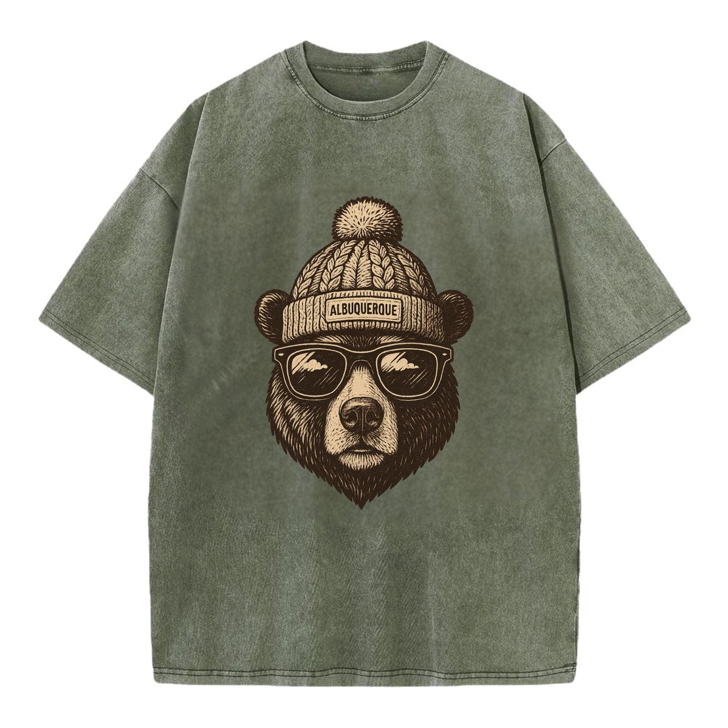 New Mexico Black Bear wearing Albuquerque beanie with pom pom and wayfarer - Vintage T-shirt - Army Green