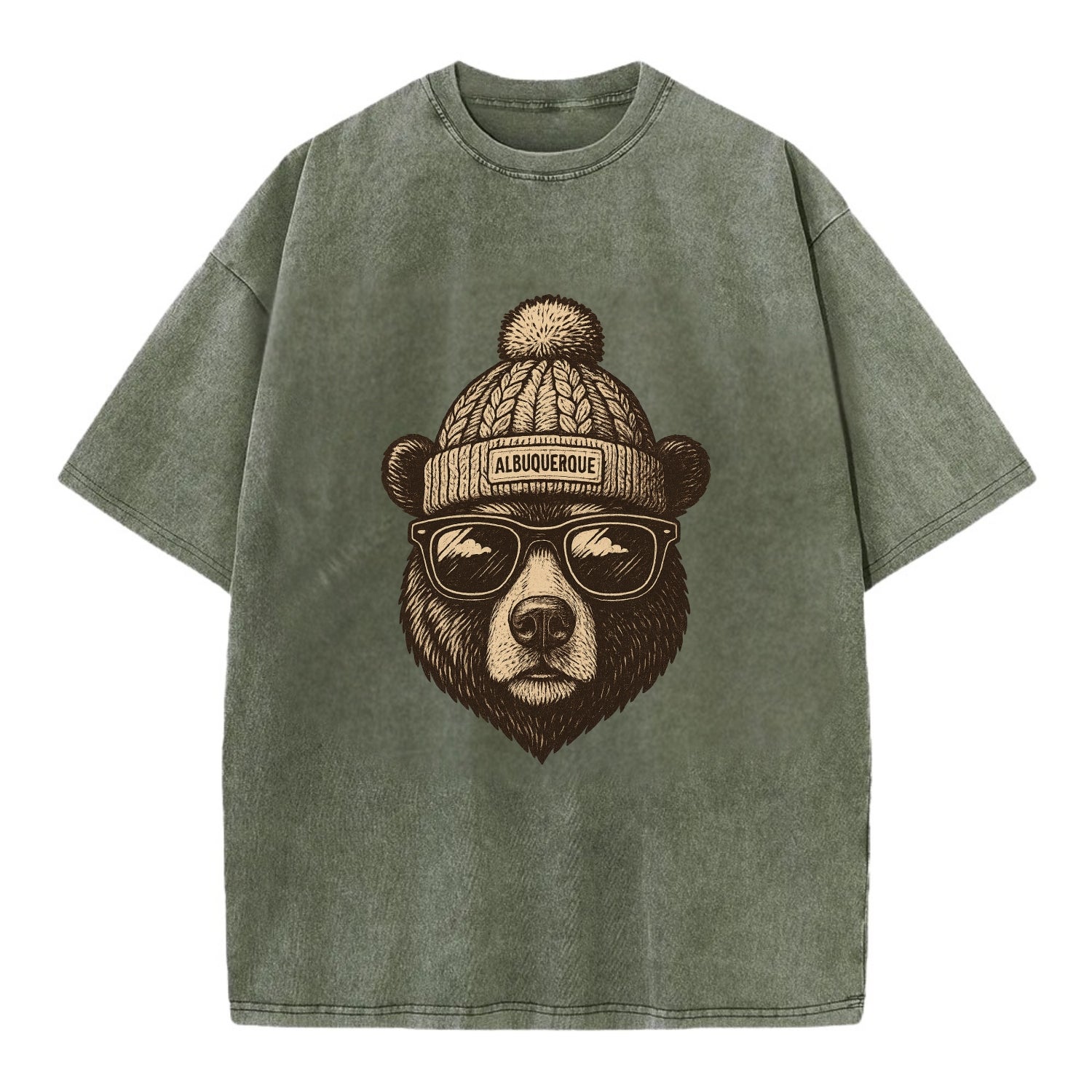 New Mexico Black Bear wearing Albuquerque beanie with pom pom and wayfarer - Vintage T-shirt - Army Green