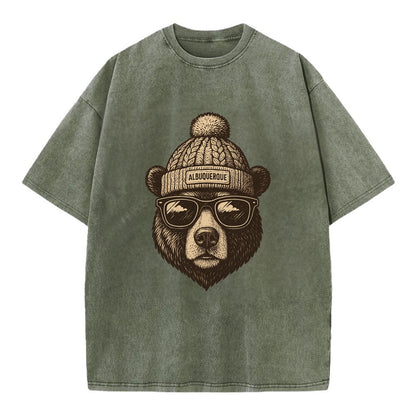 New Mexico Black Bear wearing Albuquerque beanie with pom pom and wayfarer - Vintage T-shirt - Army Green