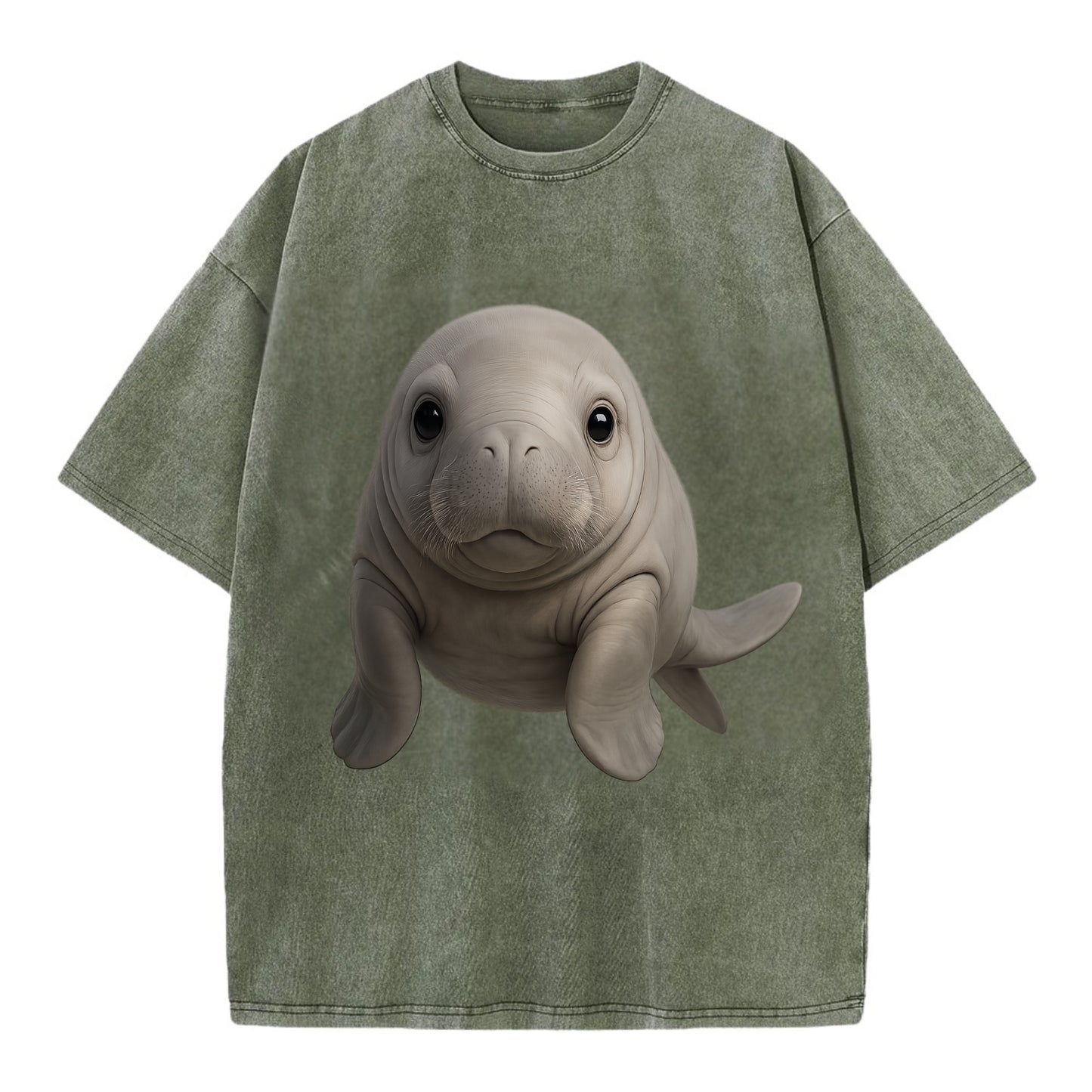 Baby Dugong - gray with paddle tail, gentle expression, whiskers, front-facing, - Vintage T-shirt - Army Green