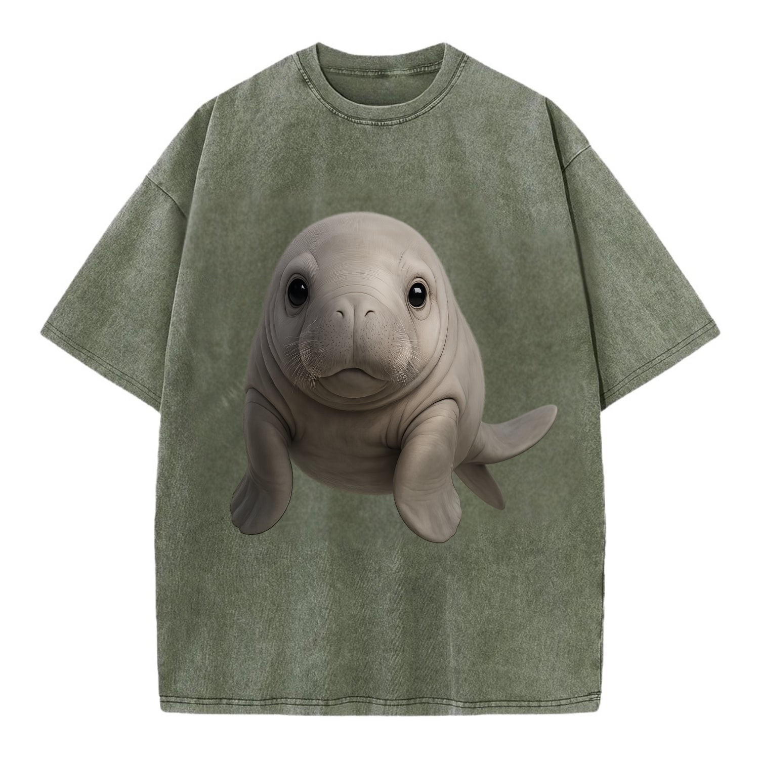 Baby Dugong - gray with paddle tail, gentle expression, whiskers, front-facing, - Vintage T-shirt - Army Green