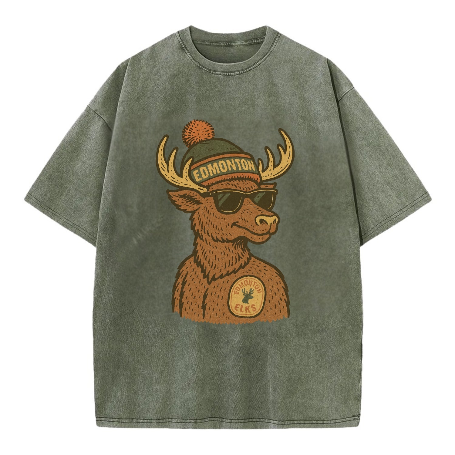 Edmonton Elk wearing Edmonton beanie with pom pom and wayfarer sunglasses - Vintage T-shirt - Army Green