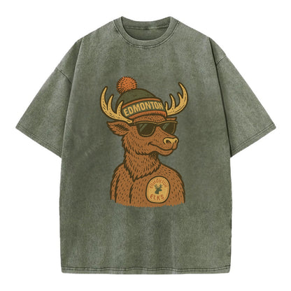 Edmonton Elk wearing Edmonton beanie with pom pom and wayfarer sunglasses - Vintage T-shirt - Army Green
