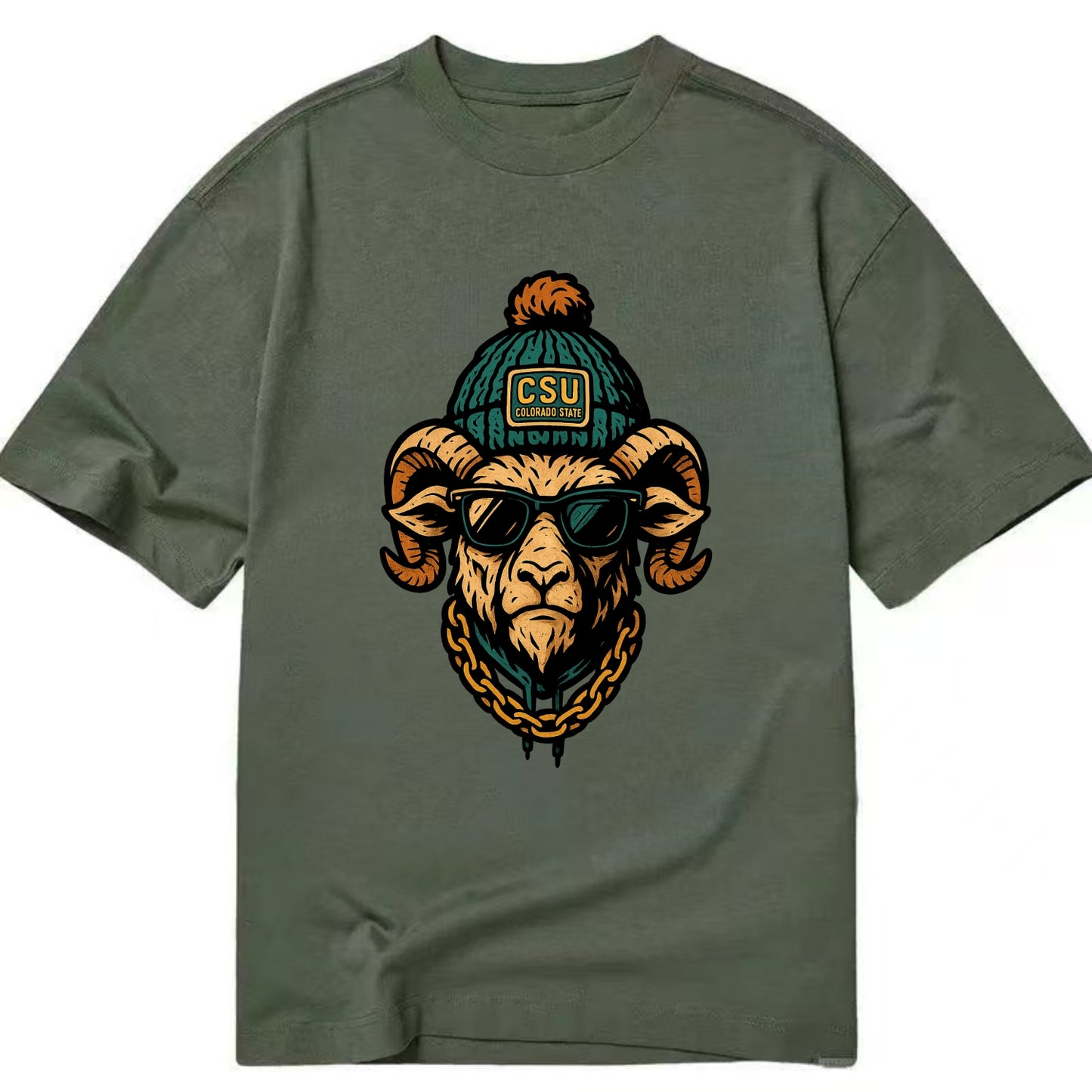 Fort Collins Ram wearing Colorado State beanie with CSU patch - Classic T-shirt - Army Green