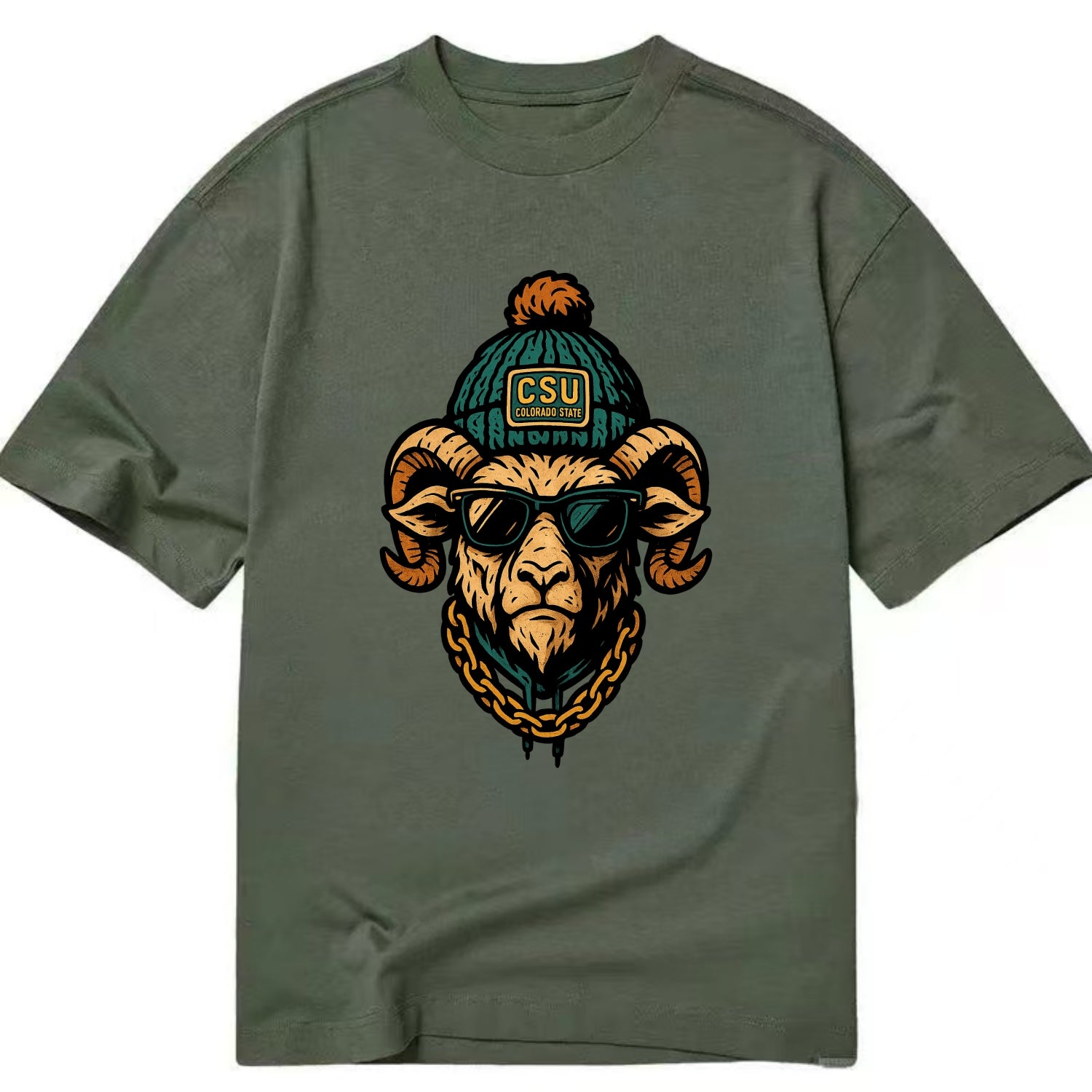 Fort Collins Ram wearing Colorado State beanie with CSU patch - Classic T-shirt - Army Green