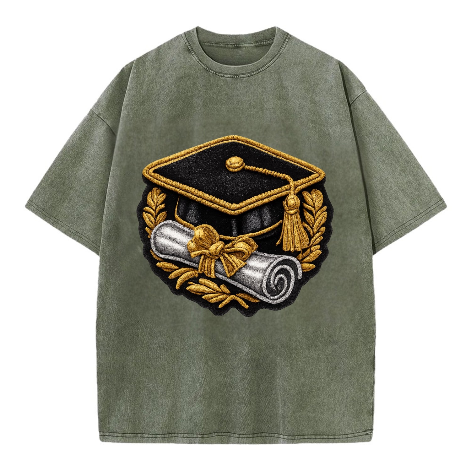 GRADUATION CAP - mortarboard with diploma in black and gold , achievement - Vintage T-shirt - Army Green