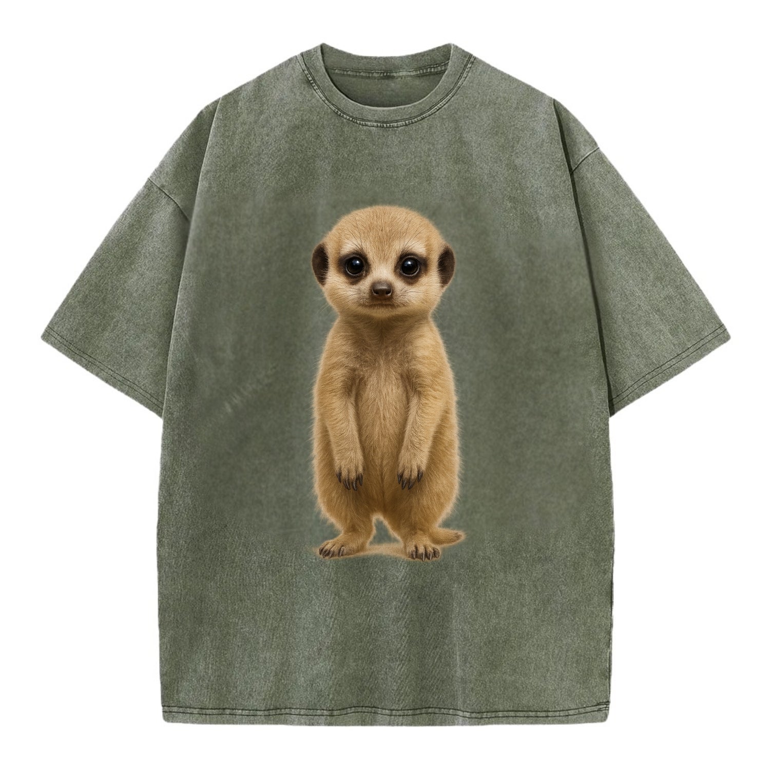 Baby Meerkat - tan fur, dark eye patches, alert stance, bright eyes, - Vintage T-shirt - Army Green