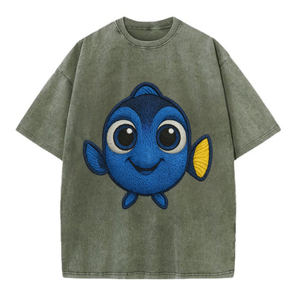 Baby Blue Tang - bright blue with yellow tail, big eyes, front-facing, Dory-style - Vintage T-shirt - Army Green