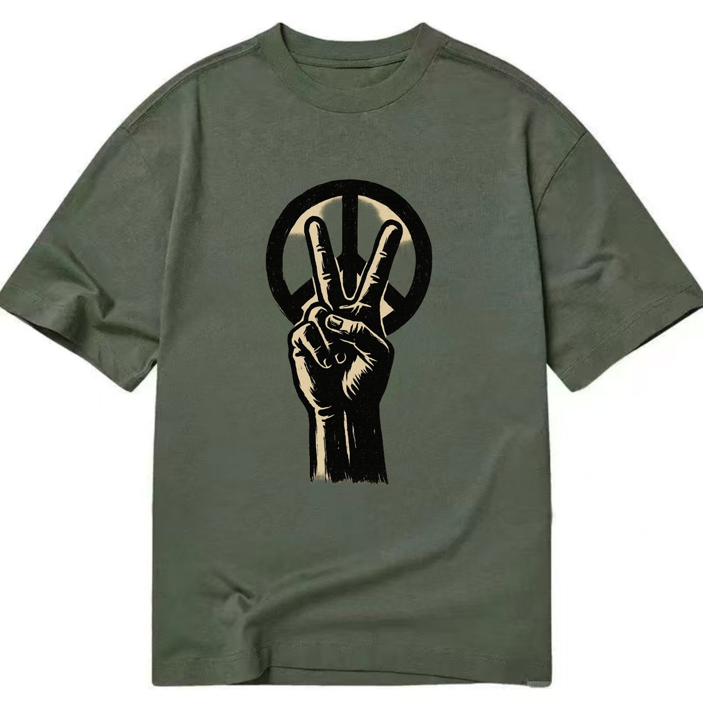 Peace sign hand gesture - anti-war movement ink brushstrokes - Classic T-shirt - Army Green