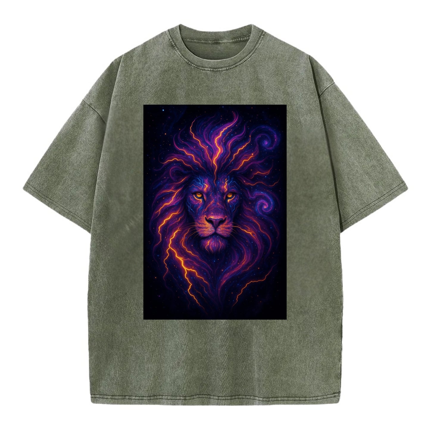 Regal lion with mane made of electric currents, neon yellow and hot pink energy - Vintage T-shirt - Army Green