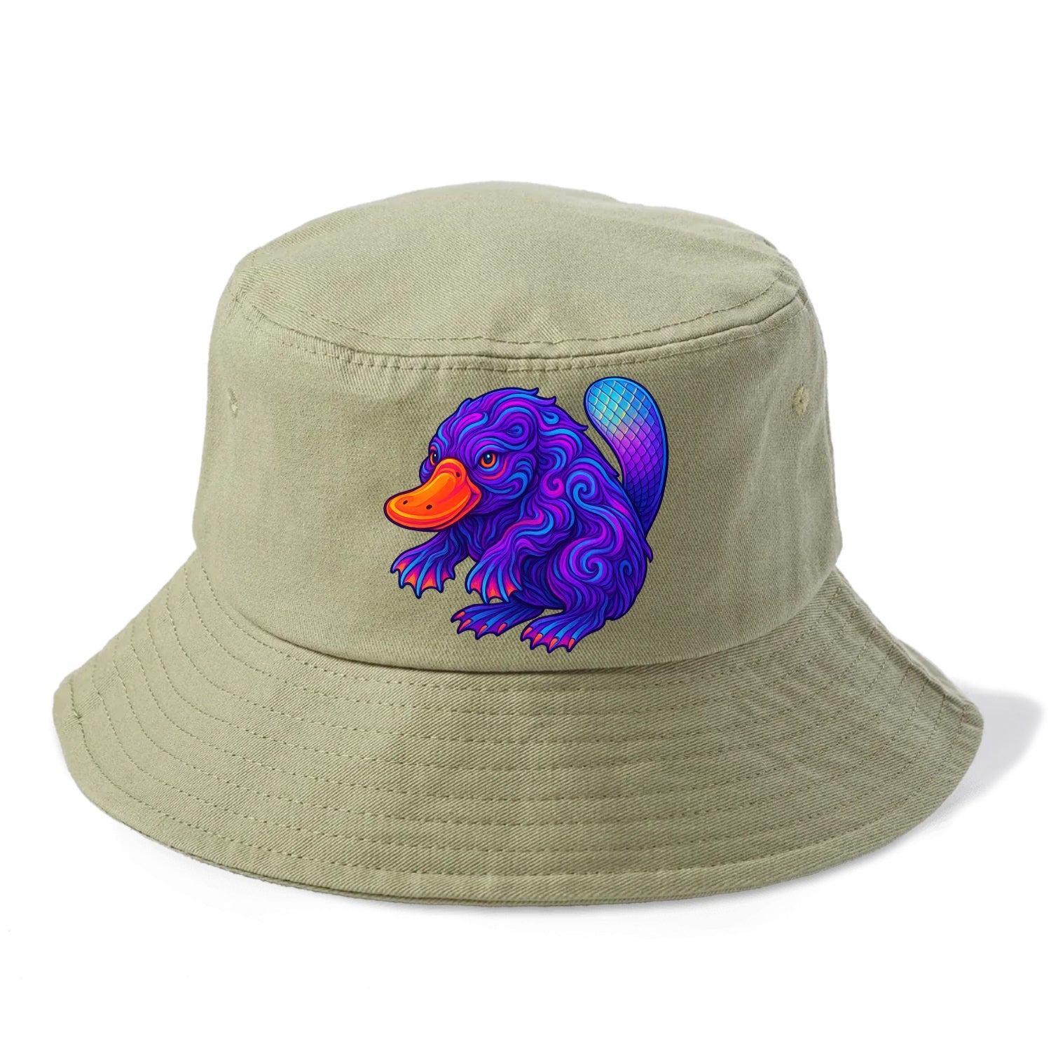 Quirky platypus with bill glowing in neon orange, beaver tail with holographic scales, - Bucket Hat - Army Green