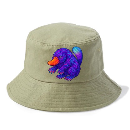 Quirky platypus with bill glowing in neon orange, beaver tail with holographic scales, - Bucket Hat - Army Green