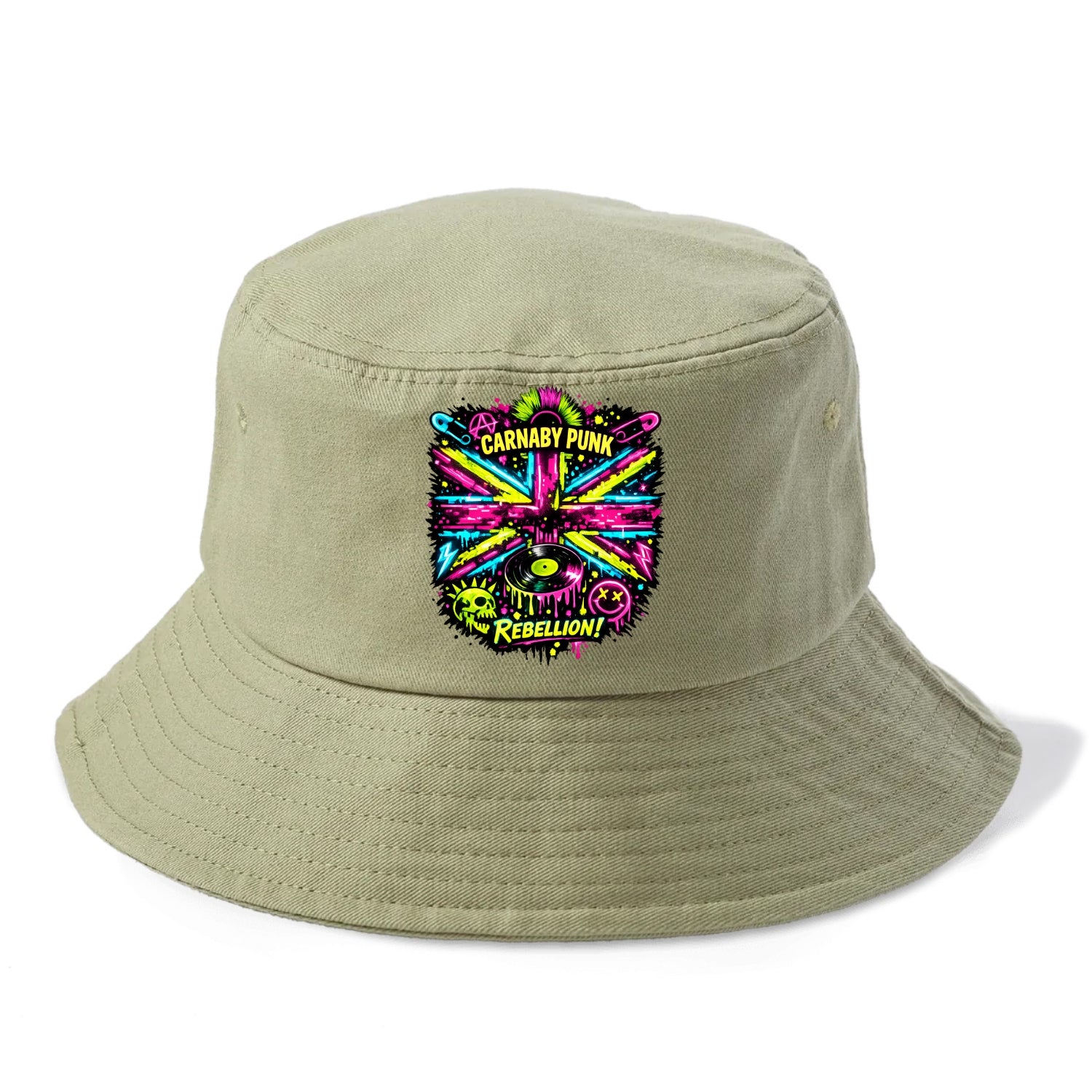 CARNABY PUNK | Swinging 60s meets 70s punk | Psychedelic Union Jack pattern | Bold - Bucket Hat - Army Green