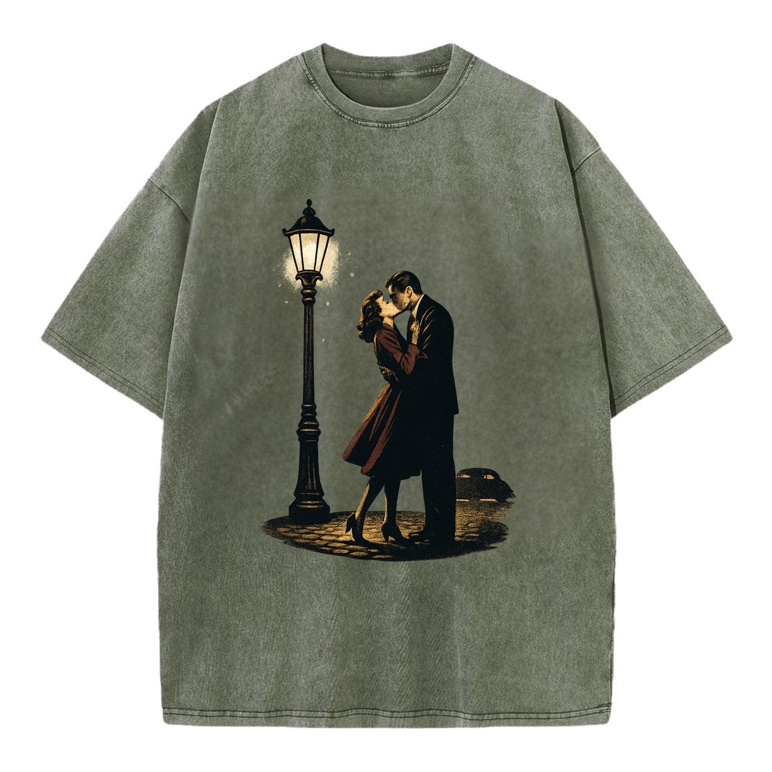 first kiss under vintage street lamp on cobblestone at night - Vintage T-shirt - Army Green