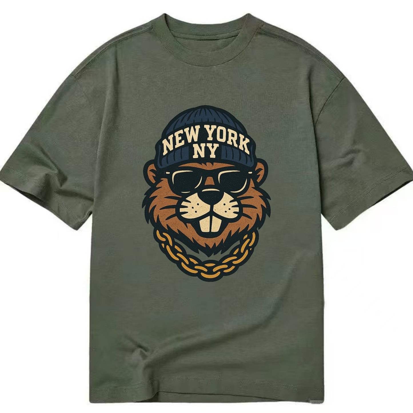 {"animal":"beaver","locationText":"NEW YORK","initials":"NY","beanieColor":"navy", - Classic T-shirt - Army Green