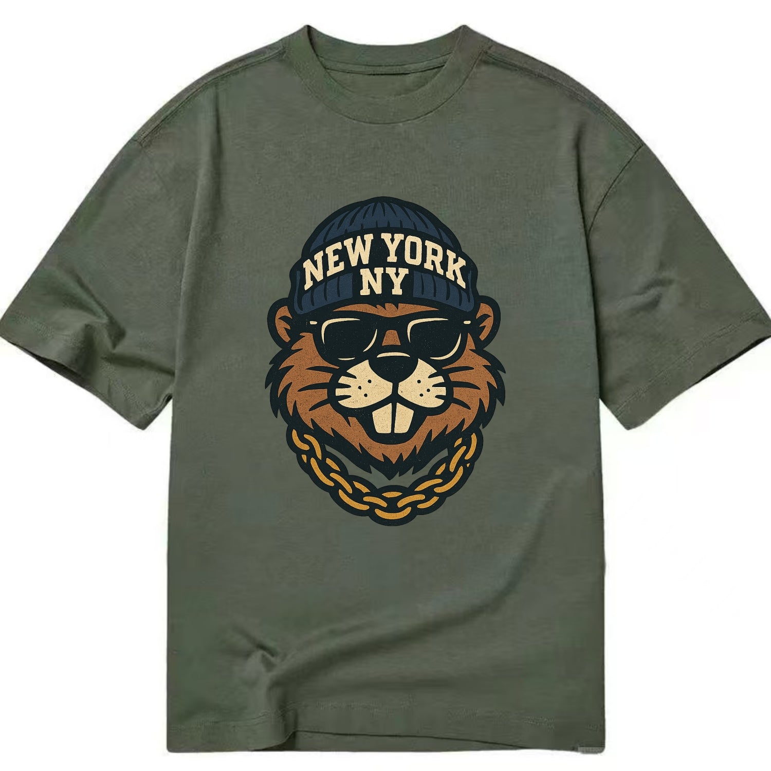 {"animal":"beaver","locationText":"NEW YORK","initials":"NY","beanieColor":"navy", - Classic T-shirt - Army Green