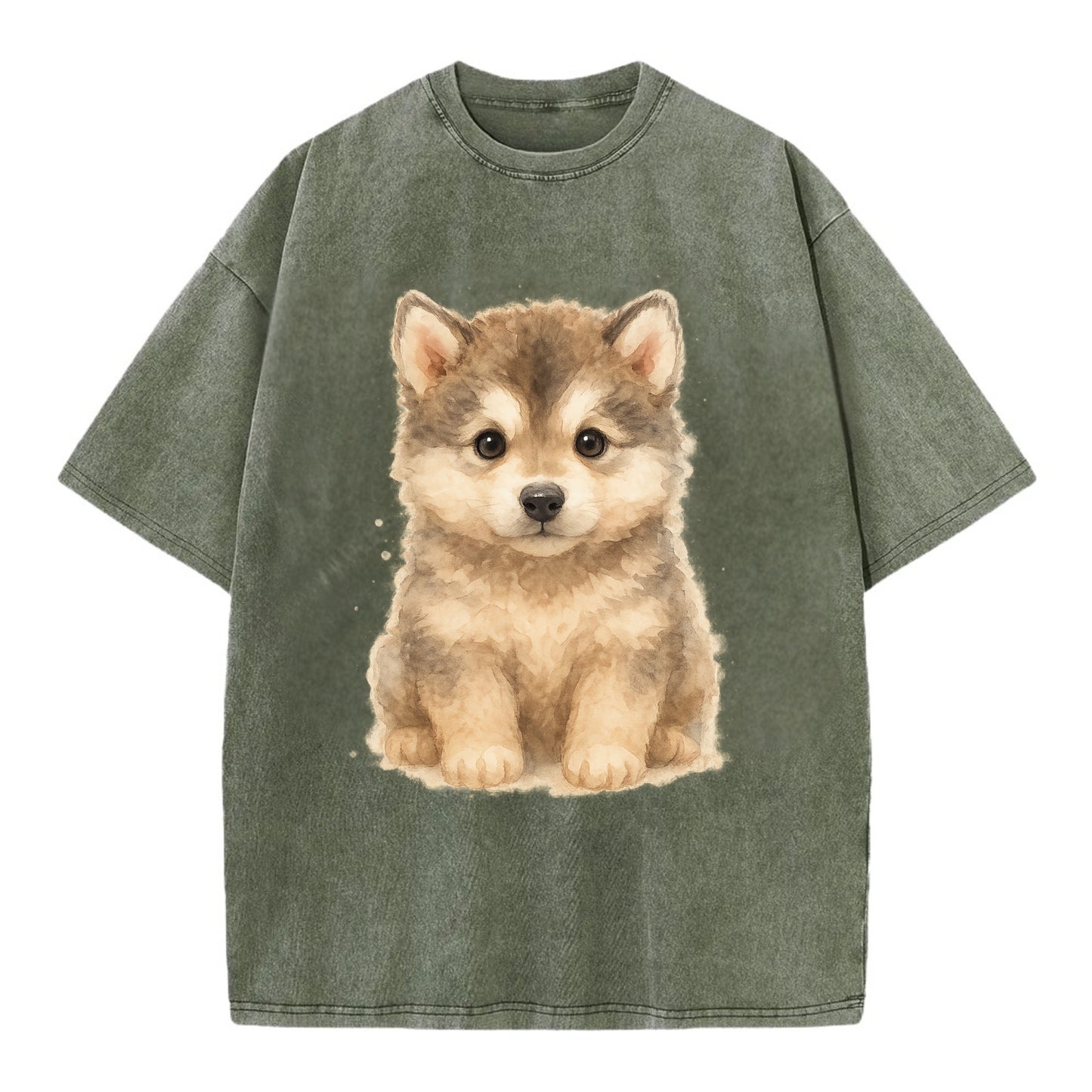 Baby Alaskan Malamute Puppy - wolf-like, fluffy coat, friendly eyes, - Vintage T-shirt - Army Green