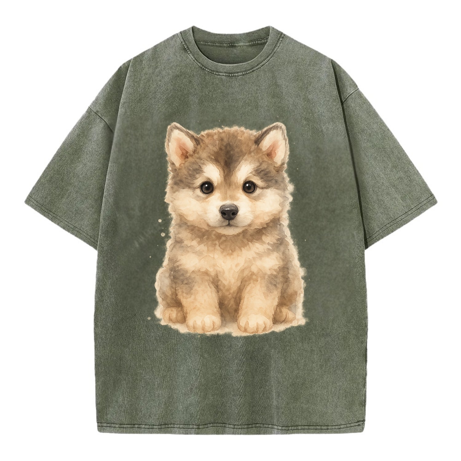 Baby Alaskan Malamute Puppy - wolf-like, fluffy coat, friendly eyes, - Vintage T-shirt - Army Green
