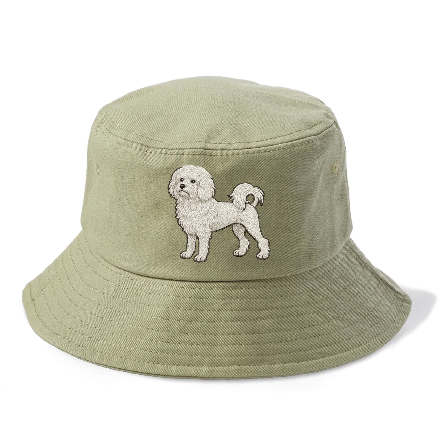 Löwchen - Little Lion Dog white embroidered pose - Bucket Hat - Army Green