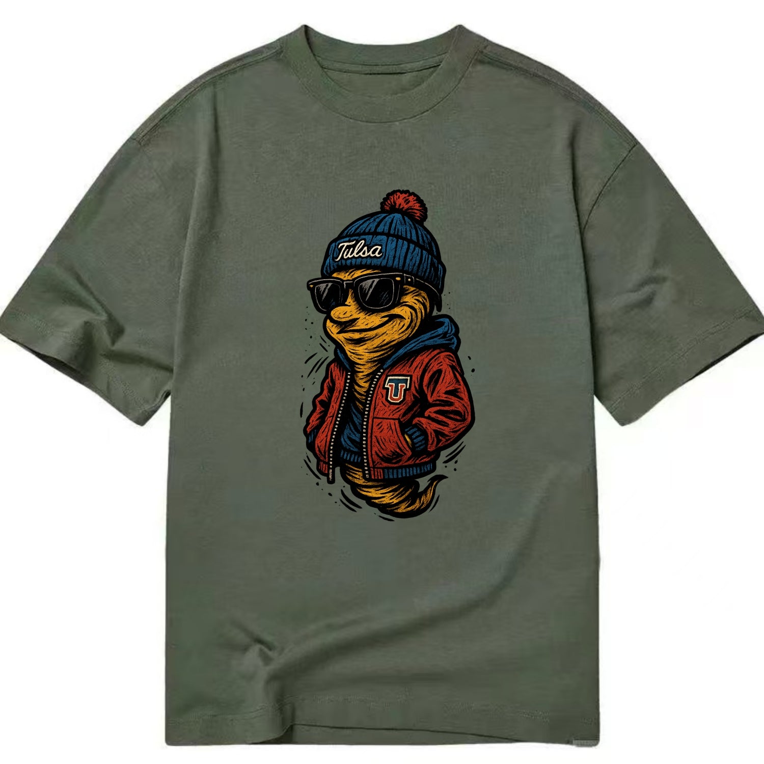 Tulsa Hurricane wearing Tulsa beanie with TU patch - Classic T-shirt - Army Green