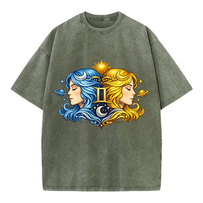 TWIN FACES | Two faces in profile mirror image | Gemini duality | Opposite - Vintage T-shirt - Army Green