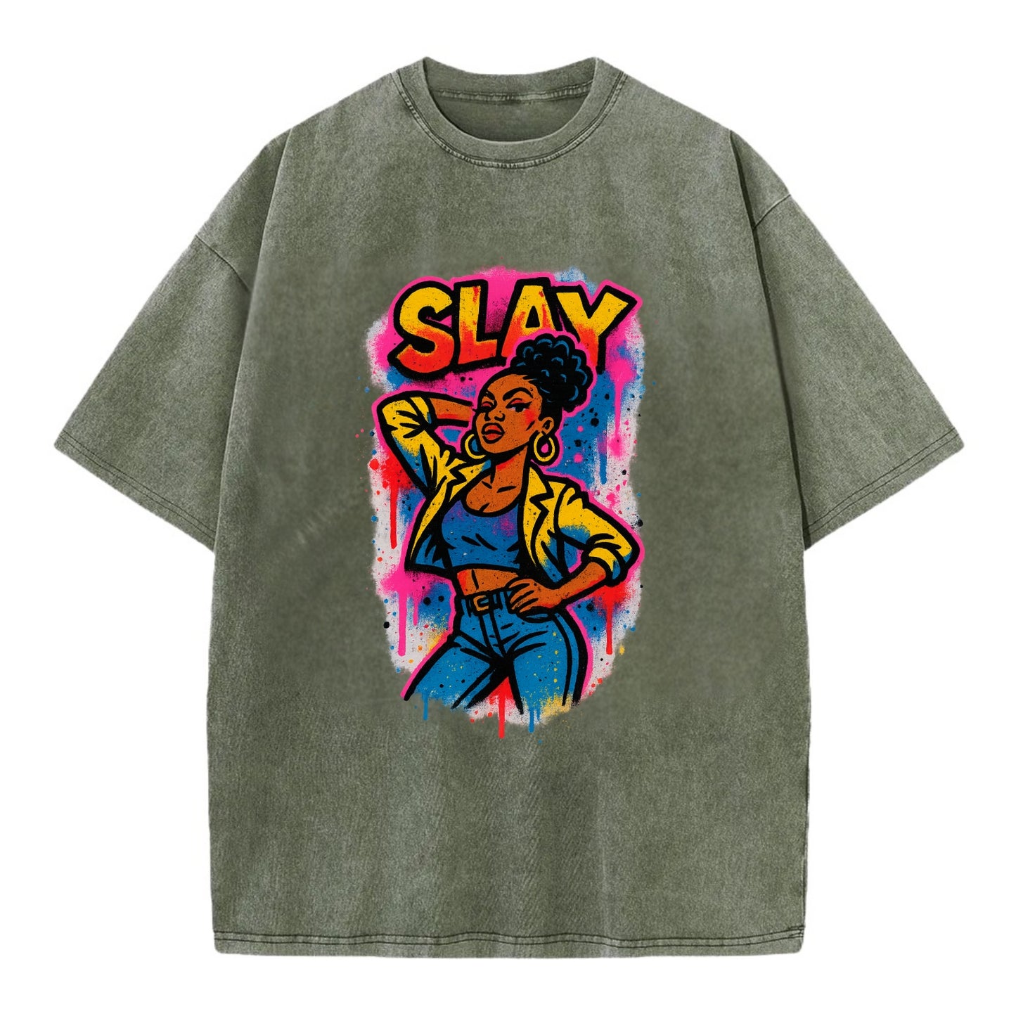 Empowered figure striking confident pose - "slay" culture, fierce and fabulous - Vintage T-shirt - Army Green