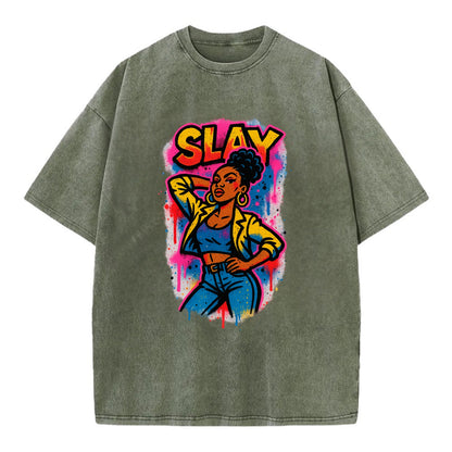 Empowered figure striking confident pose - "slay" culture, fierce and fabulous - Vintage T-shirt - Army Green