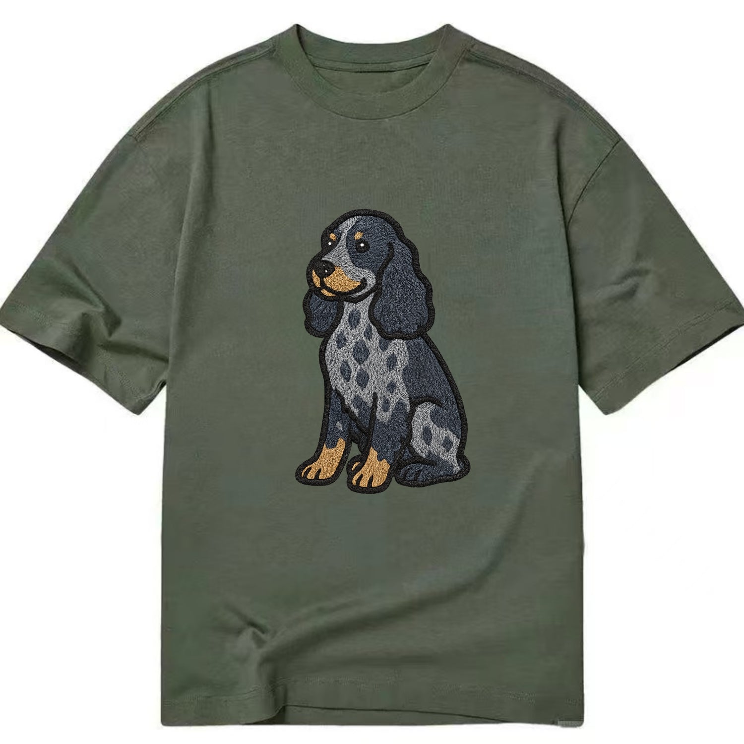 English Cocker Spaniel - Blue roan embroidered sitting pose - Classic T-shirt - Army Green