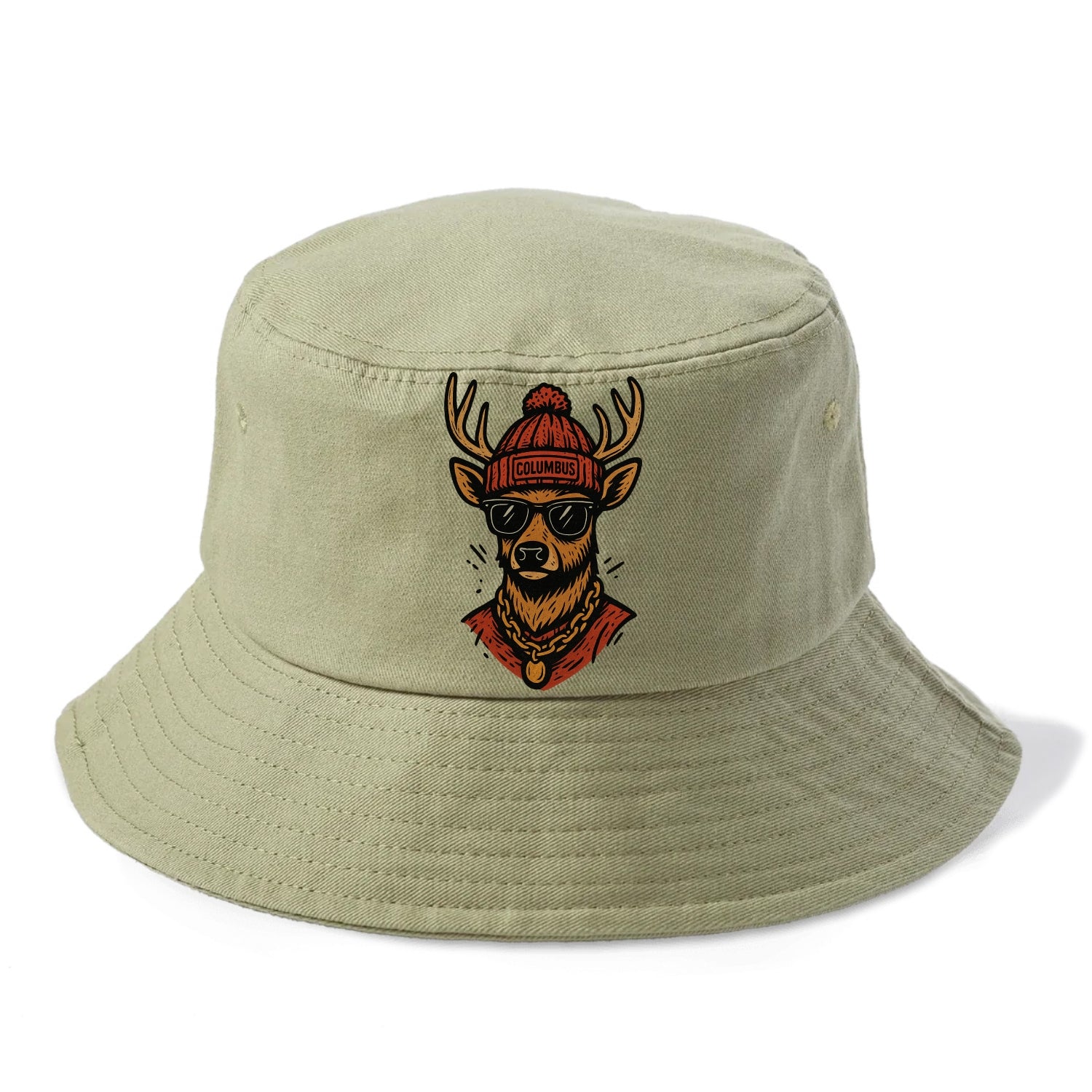 Columbus White-tailed Deer wearing Columbus beanie with pom pom and wayfarer sunglasses - Bucket Hat - Army Green