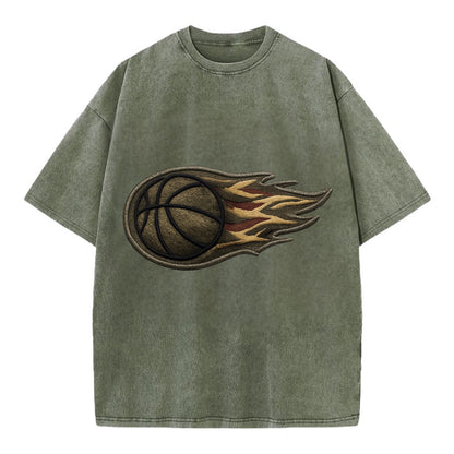 Embroidered patch design - BASKETBALL FLAMING BALL - basketball with flames in - Vintage T-shirt - Army Green