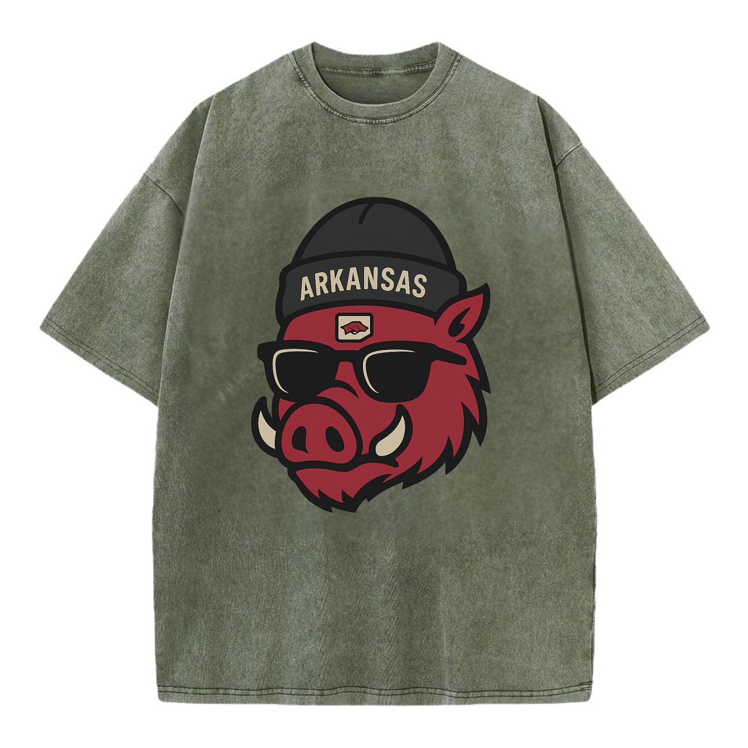 Fayetteville Razorback wearing Arkansas beanie with hog patch - Vintage T-shirt - Army Green