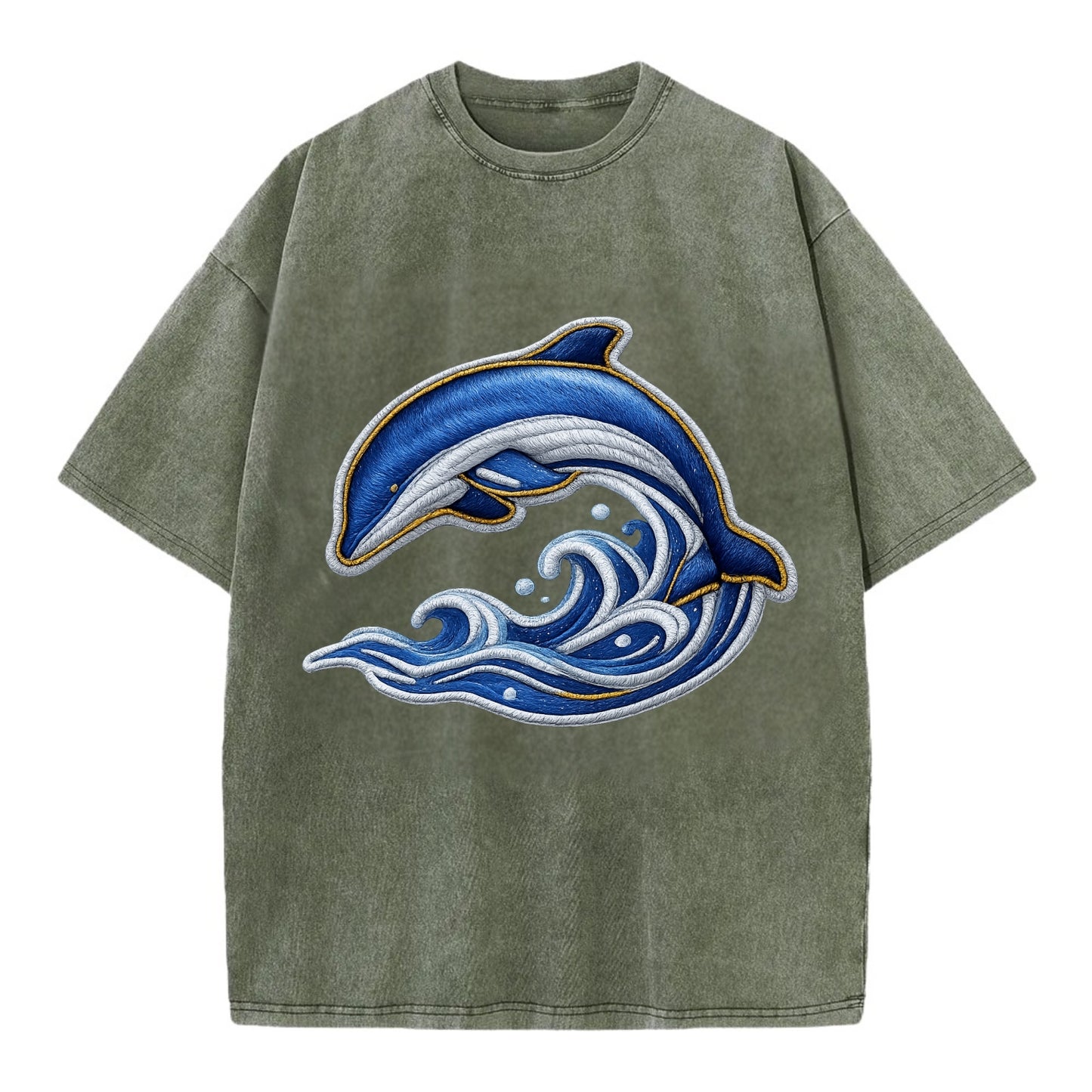 Embroidered patch design - SWIMMING DOLPHIN - diving dolphin with waves in blue - Vintage T-shirt - Army Green