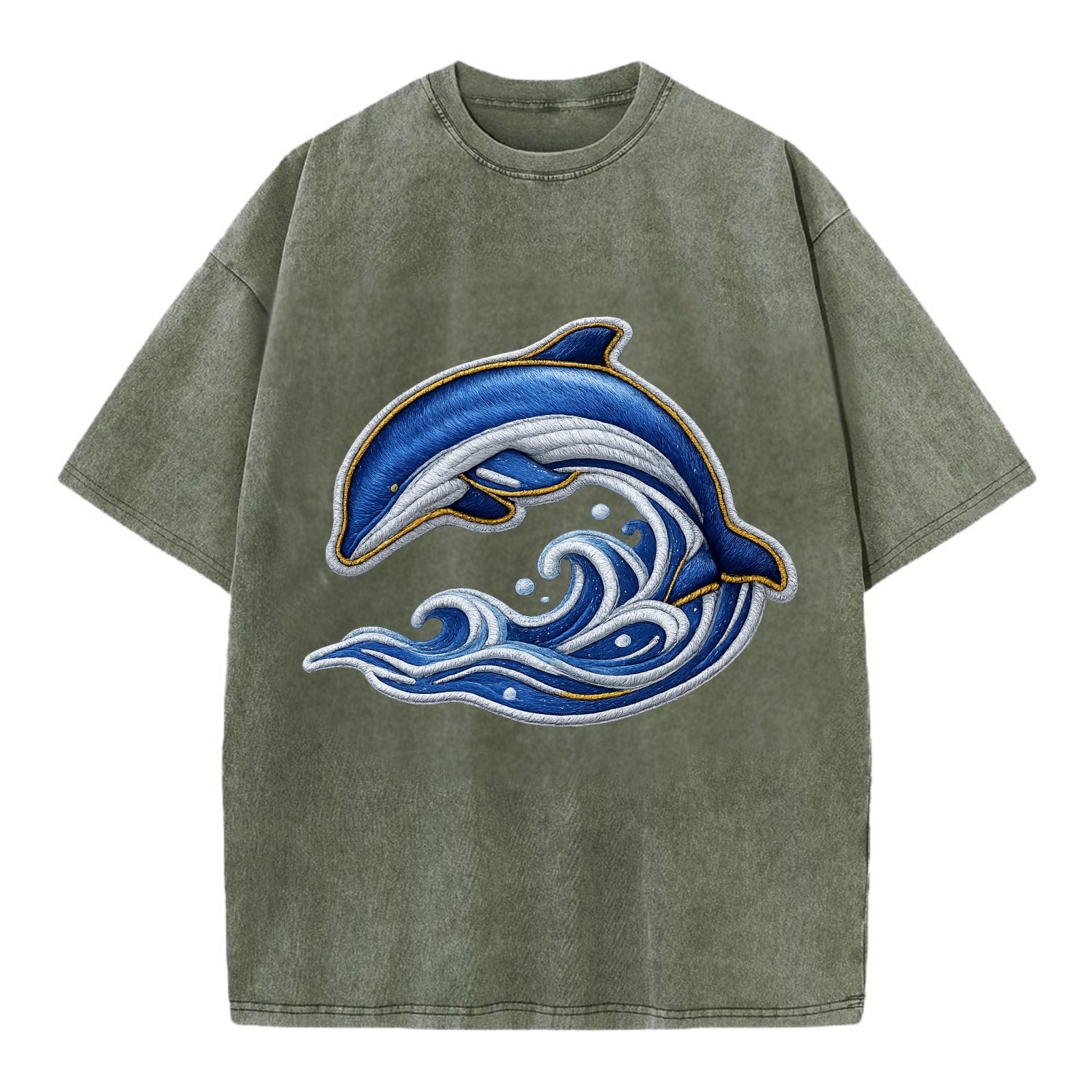 Embroidered patch design - SWIMMING DOLPHIN - diving dolphin with waves in blue - Vintage T-shirt - Army Green