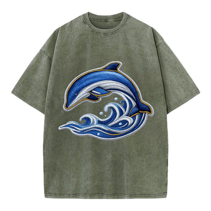 Embroidered patch design - SWIMMING DOLPHIN - diving dolphin with waves in blue - Vintage T-shirt - Army Green