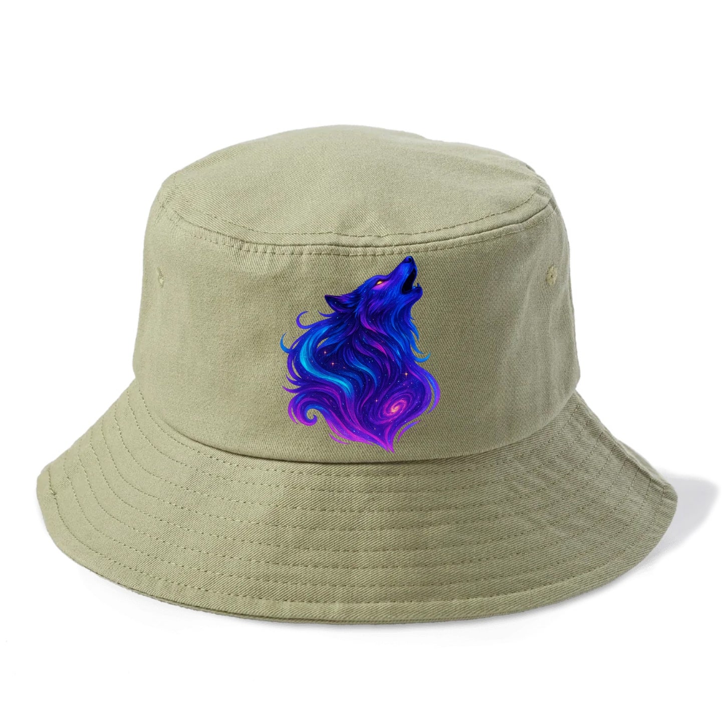 Noble wolf with flowing fur that transforms into aurora borealis streams, cyan and - Bucket Hat - Army Green