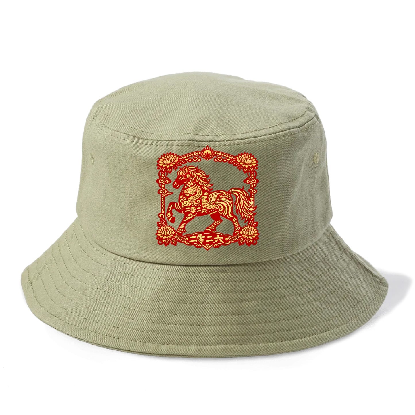 HORSE | Silk style horse design | Gold and silver thread appearance | Phoenix and - Bucket Hat - Army Green