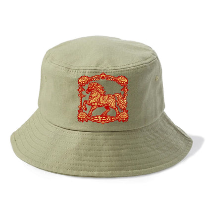 HORSE | Silk style horse design | Gold and silver thread appearance | Phoenix and - Bucket Hat - Army Green
