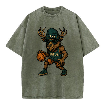 Salt Lake Elk wearing Jazz beanie with saxophone patch and wayfarer sunglasses - Vintage T-shirt - Army Green